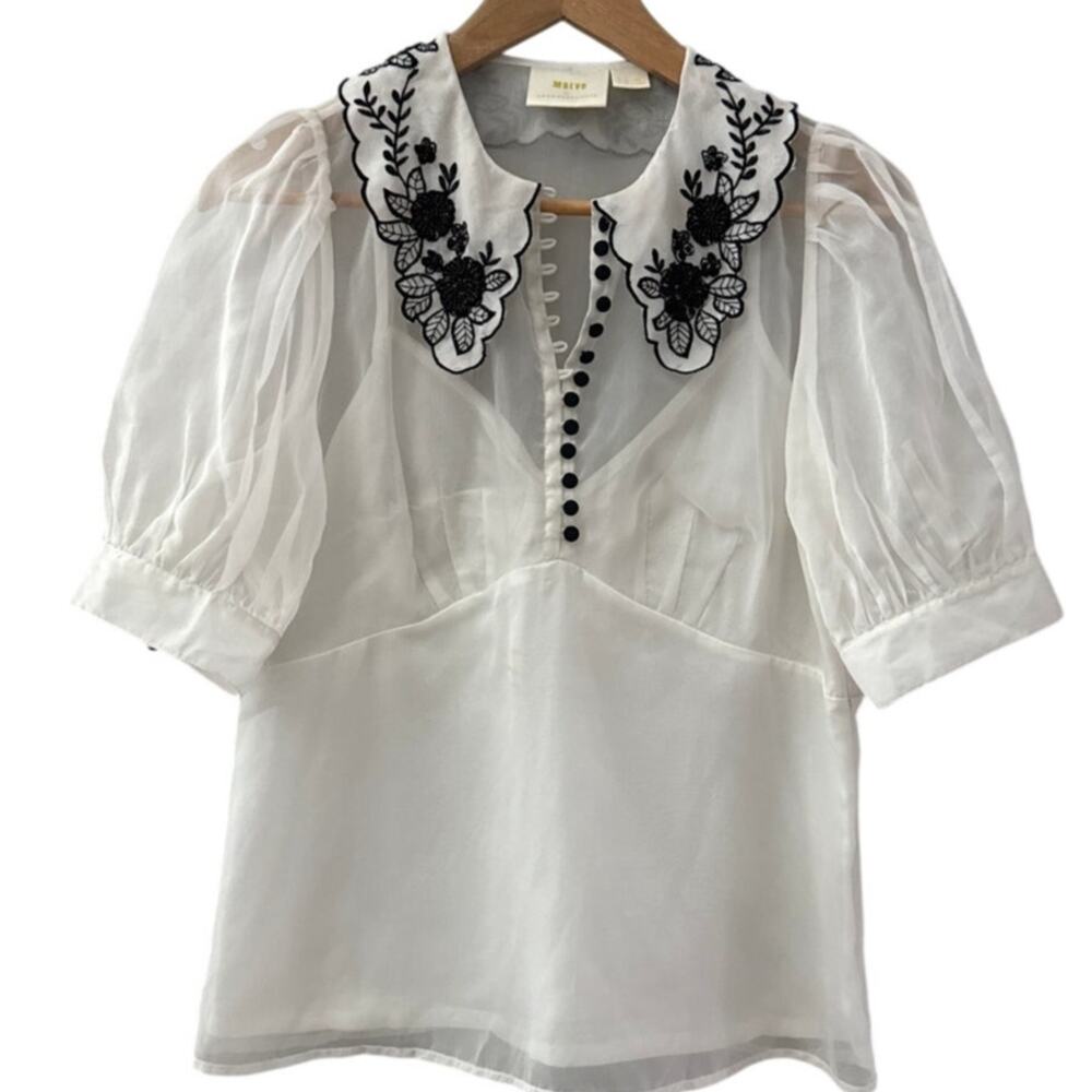 Anthropologie Maeve Sheer Puff Sleeve Blouse White Size 10 - Picture 4 of 10